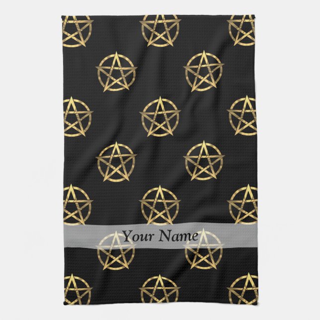 Black and gold pentagram tea towel (Vertical)