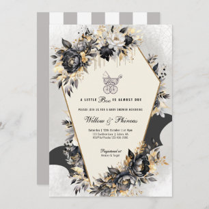Black and Gold Peonies Halloween Baby Shower Invitation