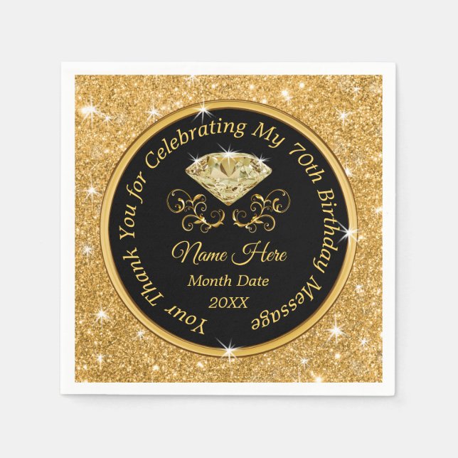 Black and Gold Personalised 70th Birthday Napkins (Front)