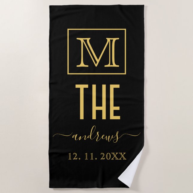 Black and Gold Personalised Monogram and Name Beach Towel (Front)