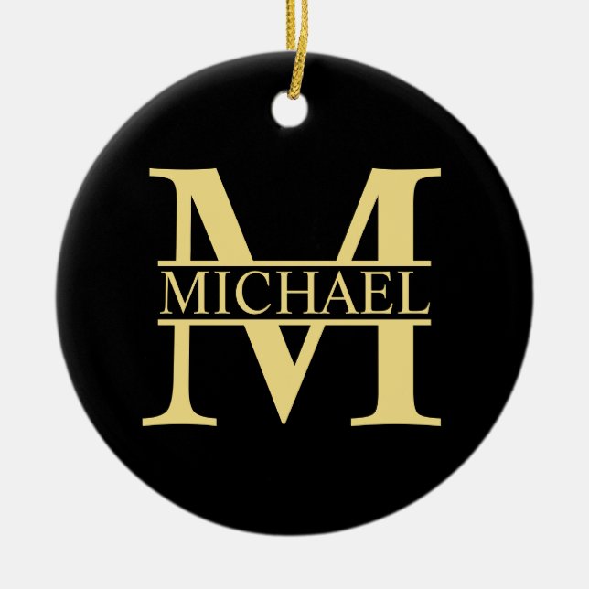 Black and Gold Personalised Monogram and Name Ceramic Ornament (Front)