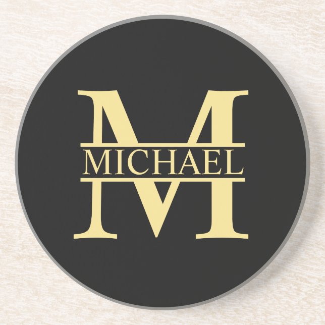 Black and Gold Personalised Monogram and Name Coaster (Front)