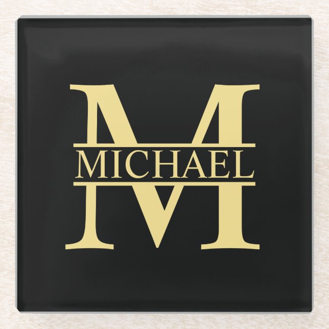 Black and Gold Personalised Monogram and Name Glass Coaster (Front)