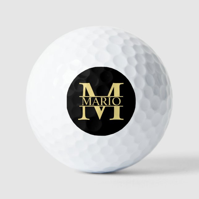 Black and Gold Personalised Monogram and Name Golf Balls (Front)