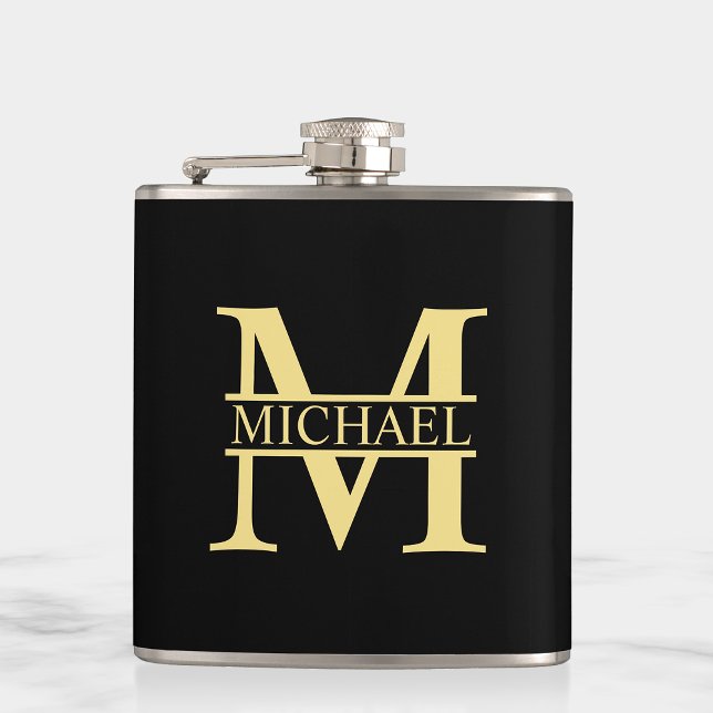 Black and Gold Personalised Monogram and Name Hip Flask (Creator Uploaded)