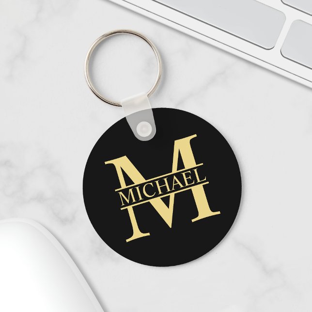 Black and Gold Personalised Monogram and Name Key Ring (Creator Uploaded)