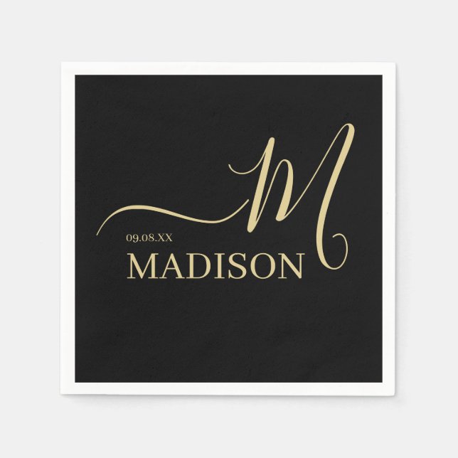 Black and Gold Personalised Monogram and Name Napkin (Front)