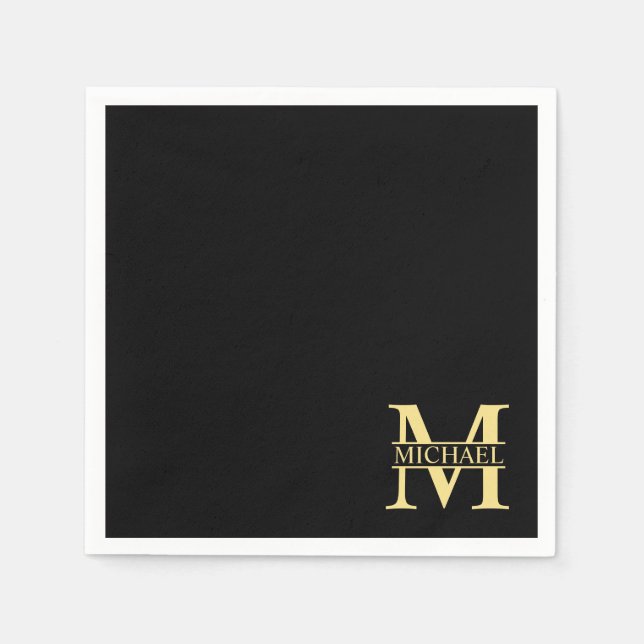 Black and Gold Personalised Monogram and Name Napkin (Front)