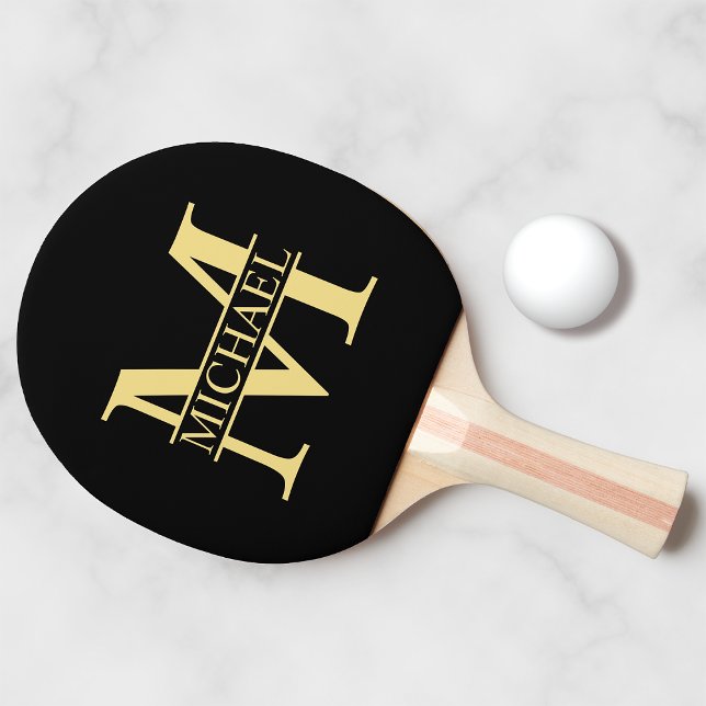 Black and Gold Personalised Monogram and Name Ping Pong Paddle (Creator Uploaded)