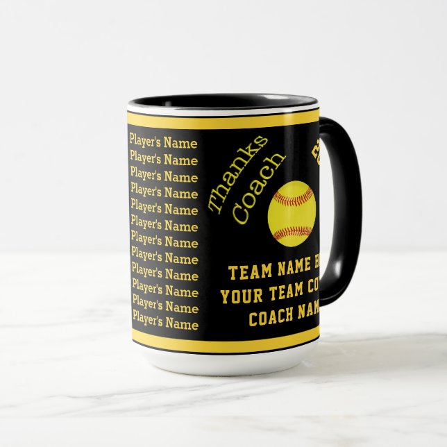 Black and Gold Personalised Softball Coach Gifts Mug (Front Right)