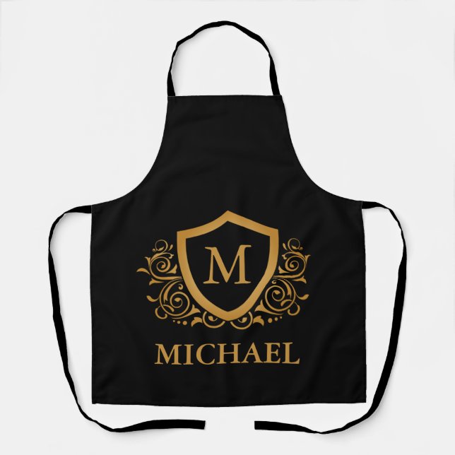 Black and Gold Personalised Stylish Monogram Name Apron (Front)