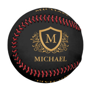Black and Gold Personalised Stylish Monogram Name Baseball