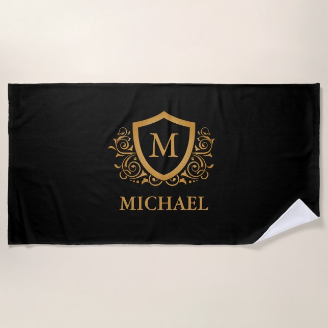 Black and Gold Personalised Stylish Monogram Name Beach Towel (Front)