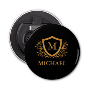 Black and Gold Personalised Stylish Monogram Name Bottle Opener
