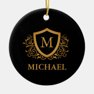 Black and Gold Personalised Stylish Monogram Name Ceramic Ornament