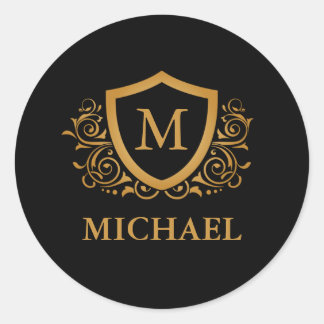 Black and Gold Personalised Stylish Monogram Name Classic Round Sticker