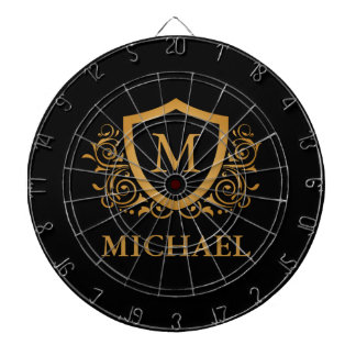 Black and Gold Personalised Stylish Monogram Name Dartboard