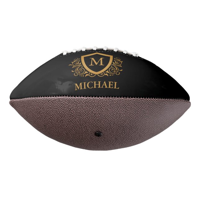 Black and Gold Personalised Stylish Monogram Name Football (Rotated 270)