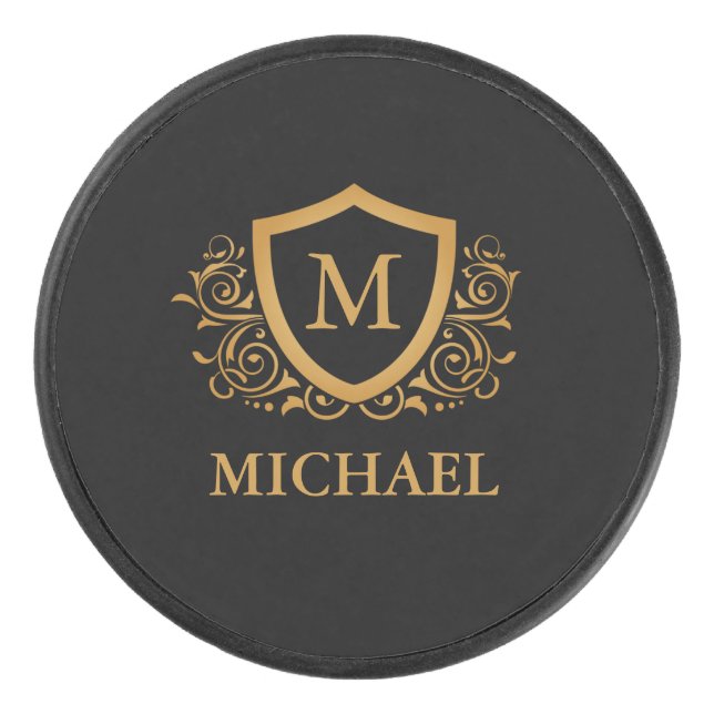 Black and Gold Personalised Stylish Monogram Name Hockey Puck (Front)