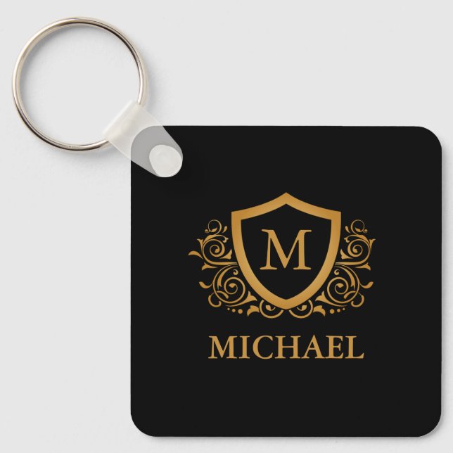 Black and Gold Personalised Stylish Monogram Name Key Ring (Front)