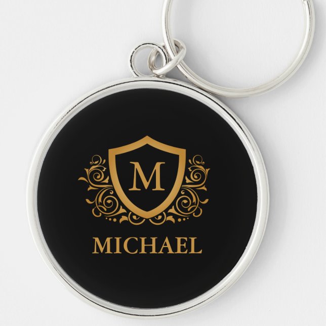 Black and Gold Personalised Stylish Monogram Name Key Ring (Front)