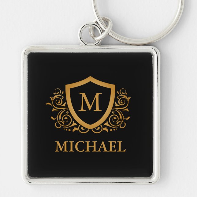 Black and Gold Personalised Stylish Monogram Name Key Ring (Front)
