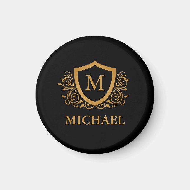 Black and Gold Personalised Stylish Monogram Name Magnet (Front)