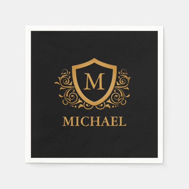 Black and Gold Personalised Stylish Monogram Name Napkin (Front)