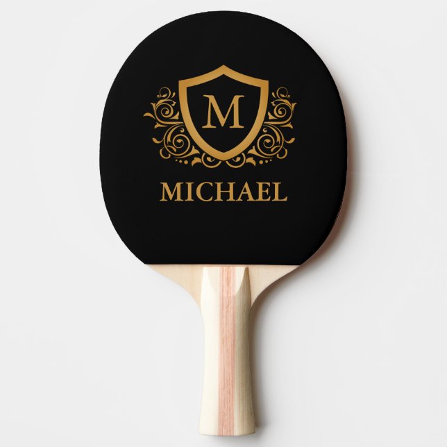 Black and Gold Personalised Stylish Monogram Name Ping Pong Paddle (Front)
