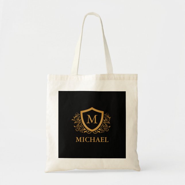Black and Gold Personalised Stylish Monogram Name Tote Bag (Front)