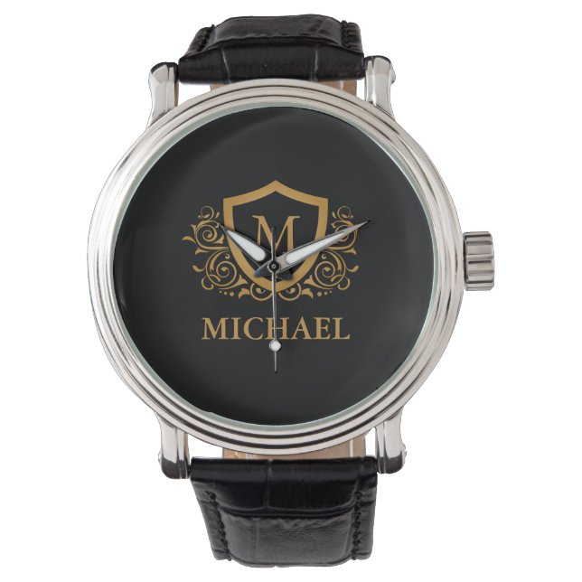 Black and Gold Personalised Stylish Monogram Name Watch (Front)