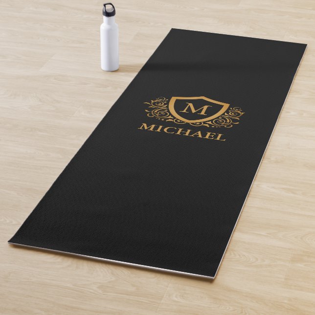 Black and Gold Personalised Stylish Monogram Name Yoga Mat (In Situ)