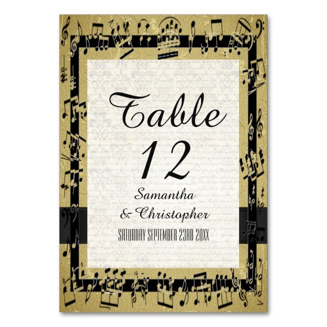 Black and gold personalised table number (Front)