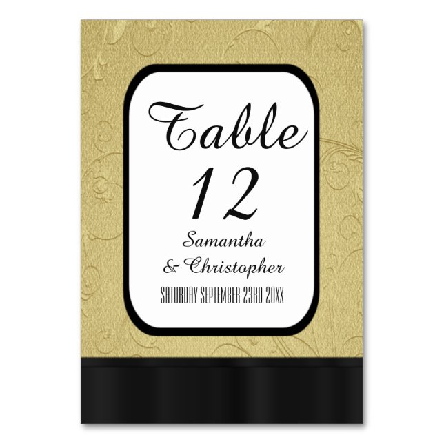 Black and gold personalised table number (Front)