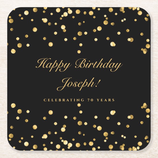Black And Gold Personalized Birthday Square Paper Coaster (Front)