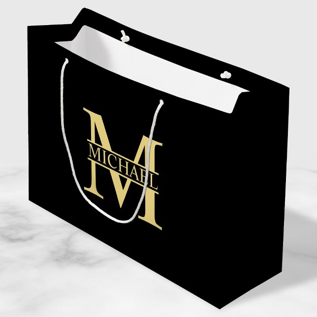 Black and Gold Personalized Monogram and Name Large Gift Bag (Creator Uploaded)