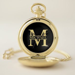 Black and Gold Personalized Monogram and Name Pocket Watch