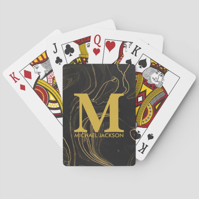 Black and Gold Personalized Monogram Custom Name Playing Cards (Back)