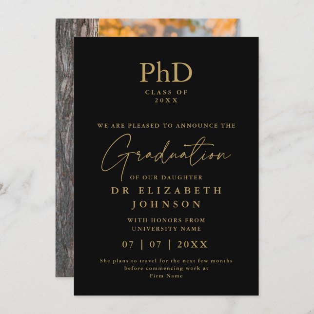 Black And Gold PhD Degree Photo Announcement (Front/Back)