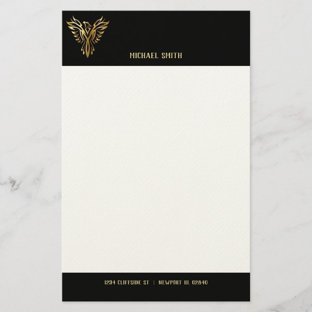 Black and Gold Phoenix Bird Personal Letterhead (Front)