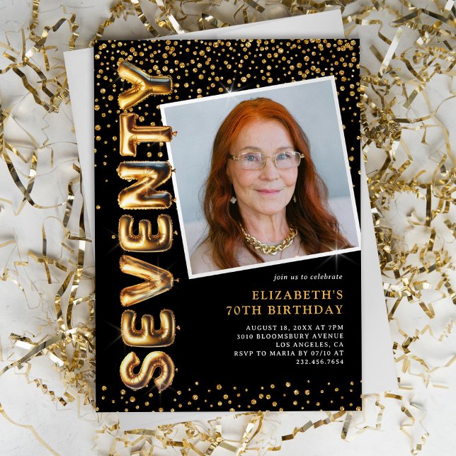 Black and Gold Photo 70th Birthday Invitation (Creator Uploaded)