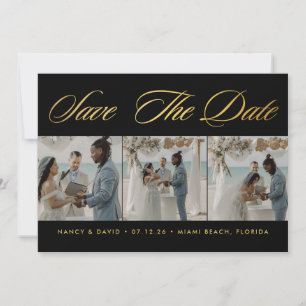 Black And Gold Photo Collage Beach Wedding Save The Date