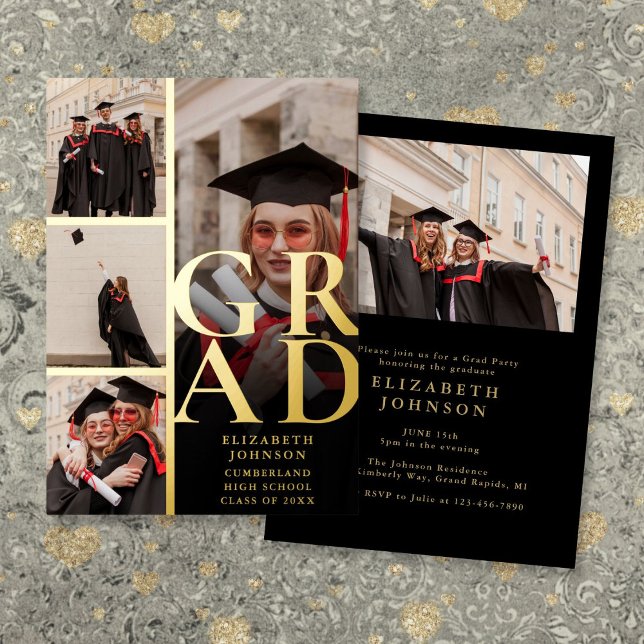 Black And Gold Photo Collage Graduation Party (Black And Gold Photo Collage Graduation Party Foil Invitation)