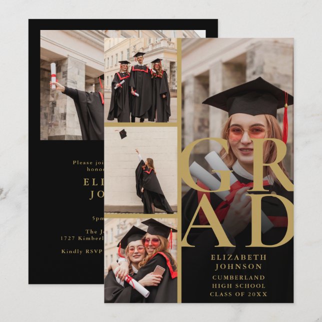 Black And Gold Photo Collage Graduation Party Invitation (Front/Back)