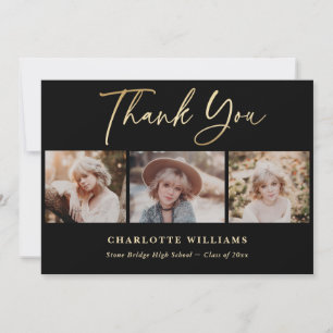 Black and Gold Photo Collage Graduation Thank You Card