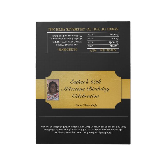 Black and Gold Photo Favor XL Candy Wrappers Notepad (Rotated)