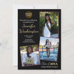 black and gold photo graduation invitation