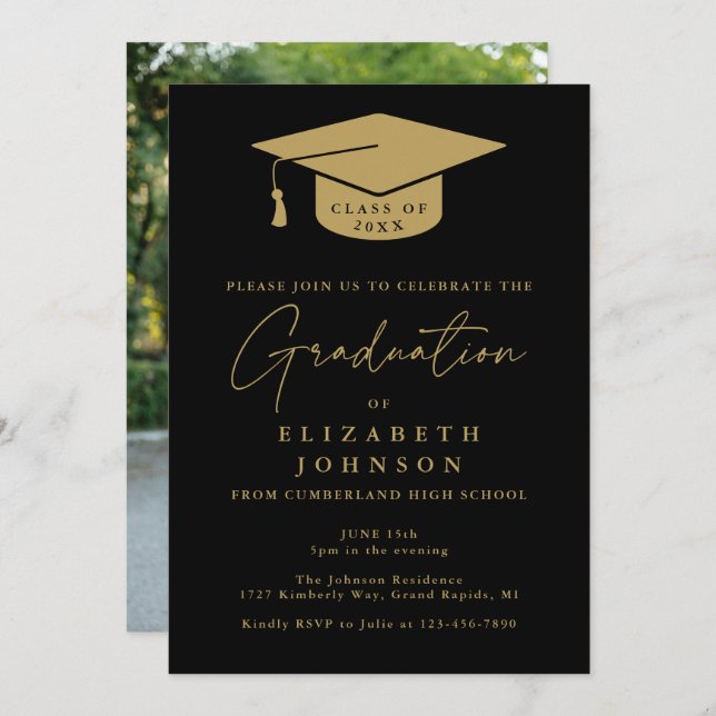 Black And Gold Photo Graduation Party Invitation (Front/Back)