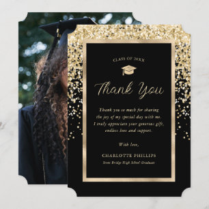 Black and Gold Photo Graduation Thank You Card
