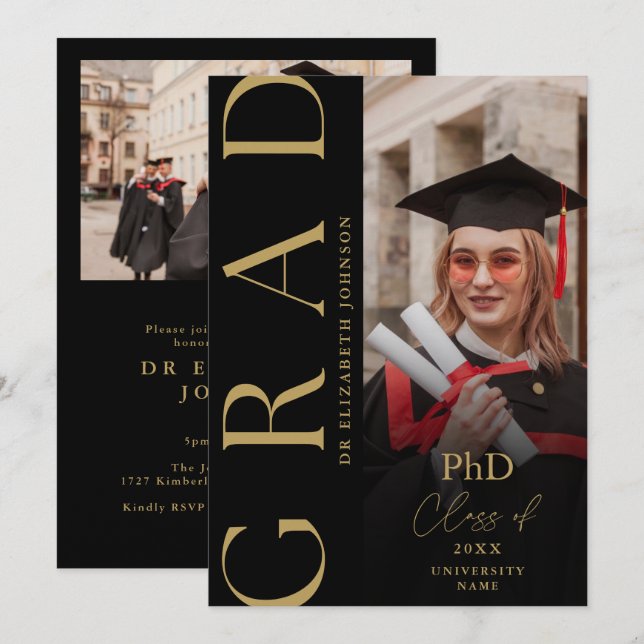 Black And Gold Photo PhD Degree Graduation Party Invitation (Front/Back)